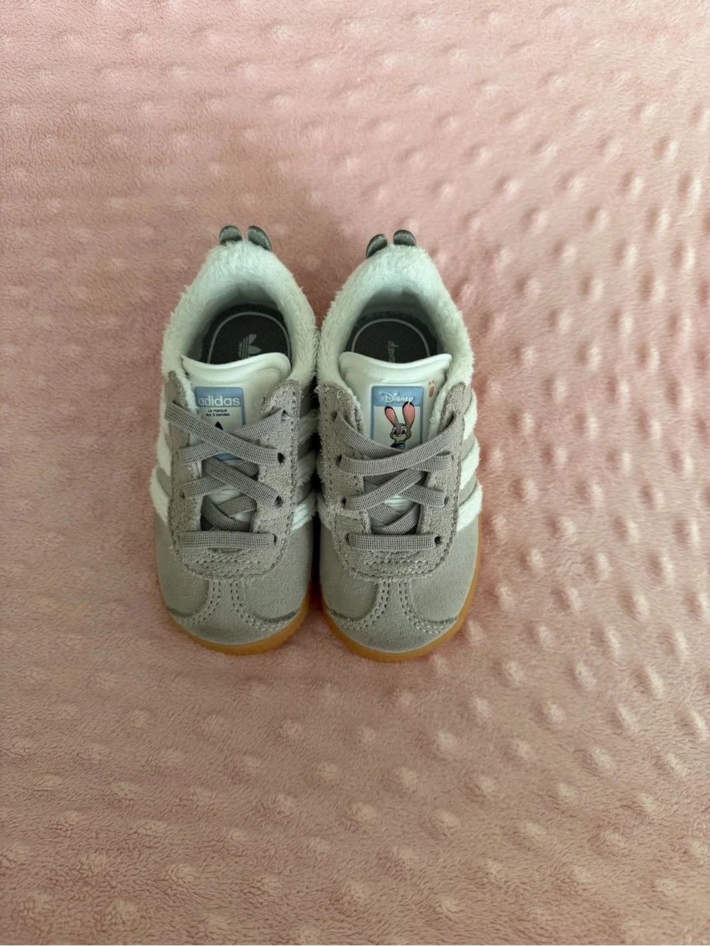 adidas Kids Light Gray Suede Sneakers with Gum Sole and Bunny Accent